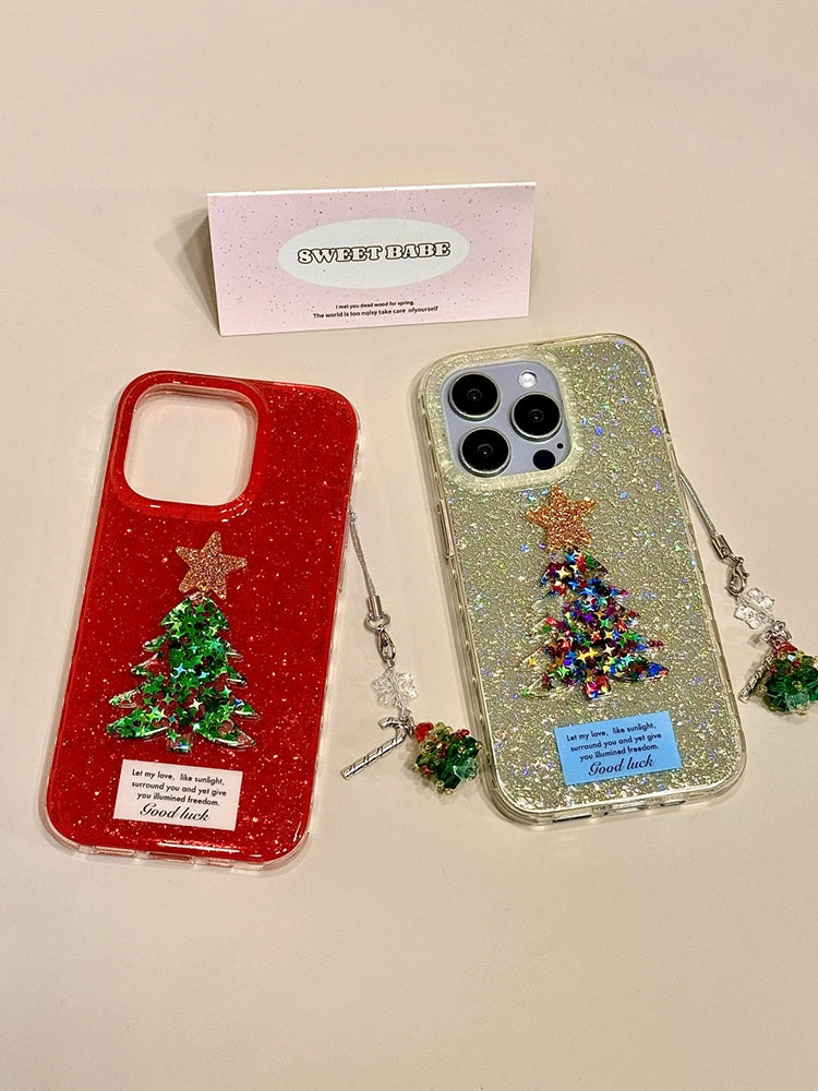 Sequined Double-layer Three-dimensional Star Christmas Tree Mobile Phone Case with Mobile Phone Chain Pendant Suitable for iPhone16 iPhone15 iPhone14 iPhone13