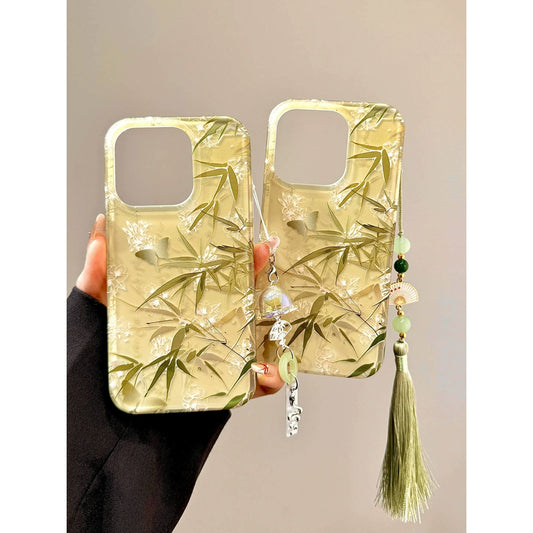 Chinese Style Antique Green Bamboo Butterfly Fringed Pendant Mobile Phone Case Suitable for iPhone16 iPhone15 iPhone14 iPhone13