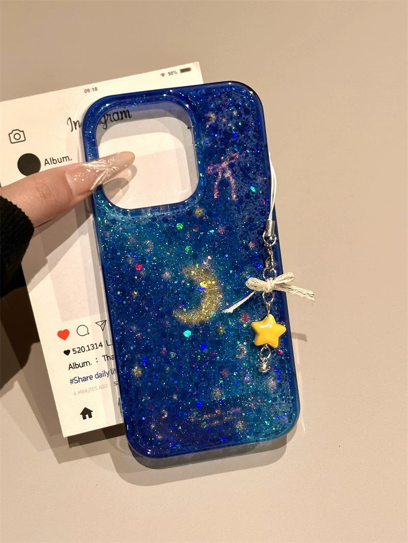 Transparent Blue Sequined Star Bow Glitter Aesthetic Phone Case Suitable for iPhone16 iPhone15 iPhone14 iPhone13