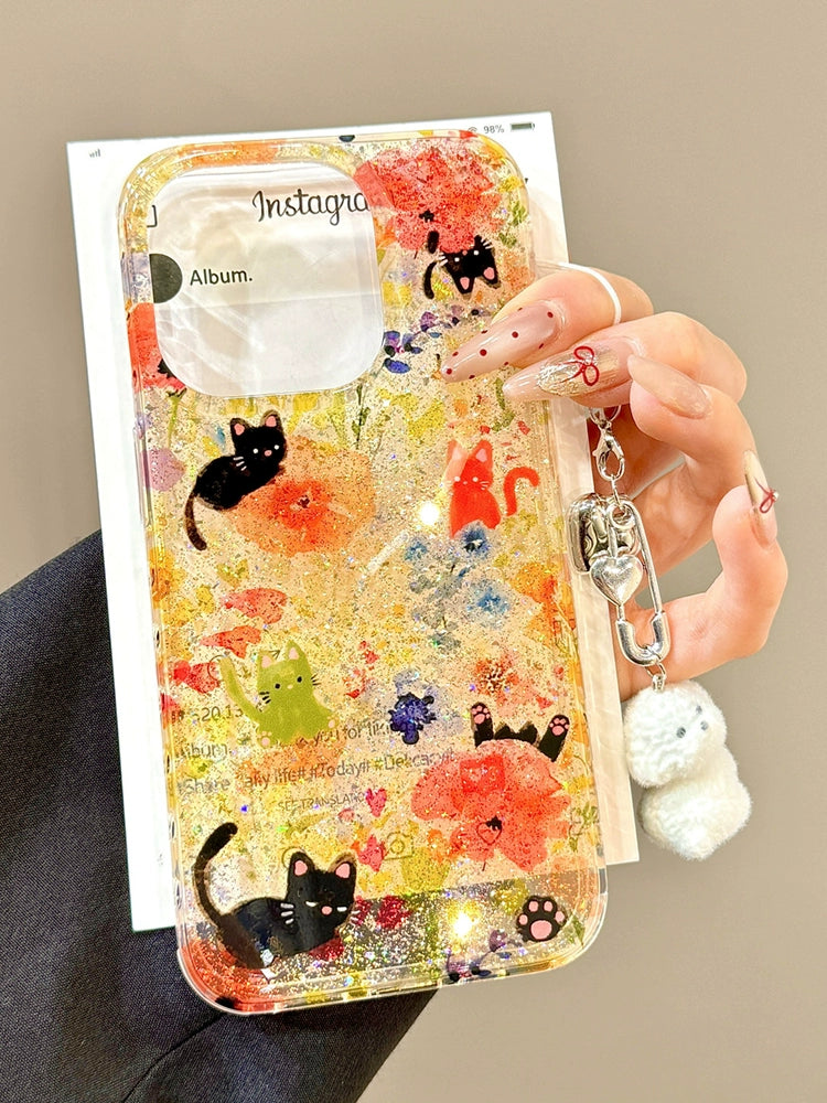 Transparent Yellow Cute Glitter Flower Cat Mobile Phone Case with Mobile Phone Chain Pendant Suitable for iPhone16 iPhone15 iPhone14 iPhone13