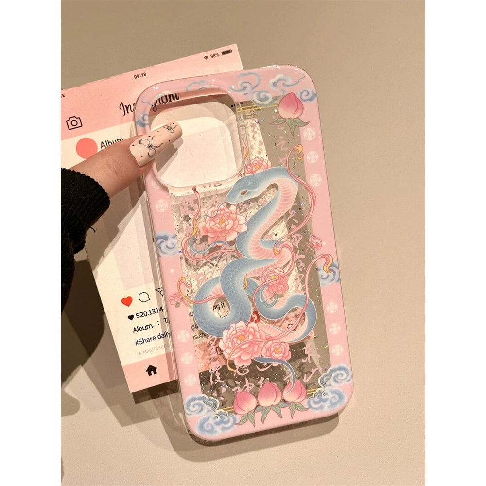 Pink Peach Lotus Snake Lucky Aesthetic Mobile Phone Case with Mobile Phone Chain Pendant Suitable for iPhone16 iPhone15 iPhone14 iPhone13