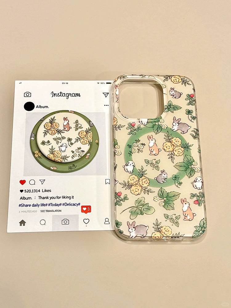 Flower Rabbit Magnetic Holder Pastoral Style Cute Aesthetic Mobile Phone Case Suitable for iPhone16 iPhone15 iPhone14 iPhone13