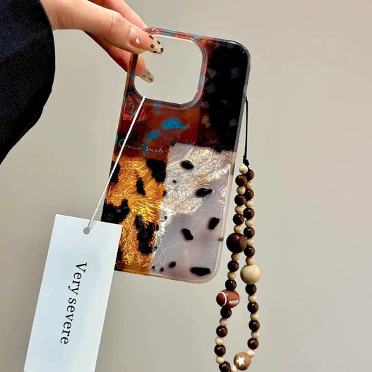 Retro Amber Leopard Print Splicing Mobile Phone Case with Beaded Mobile Phone Chain Pendant Suitable for iPhone16 iPhone15 iPhone14 iPhone13