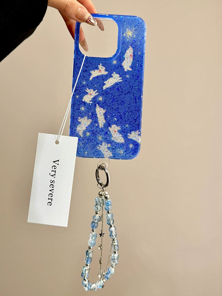 Sequin Glitter Transparent Blue Star Chasing Rabbit Chain Dream Aesthetic Mobile Phone Case Suitable for iPhone16 iPhone15 iPhone14 iPhone13