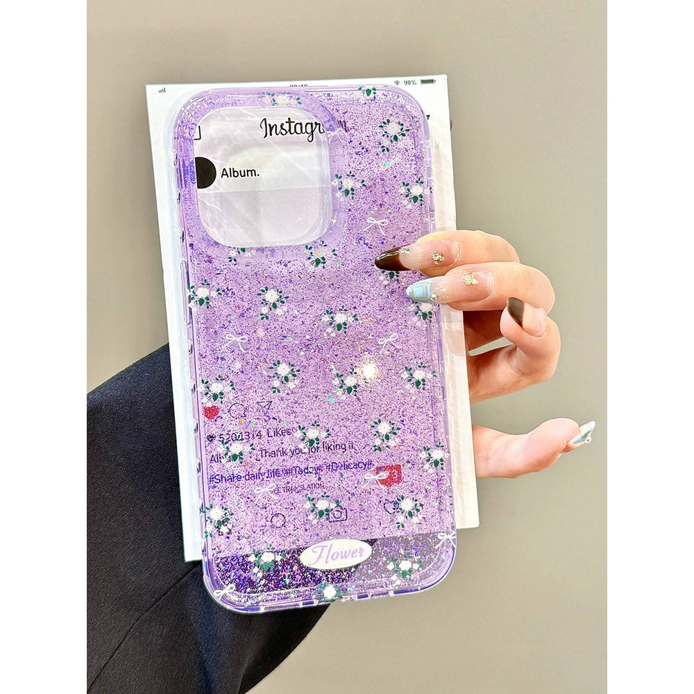 Glitter Translucent Flower Purple Aesthetic Mobile Phone Case with Mobile Phone Chain Pendant, Hand Carry Bead Chain Suitable for iPhone16 iPhone15 iPhone14 iPhone13