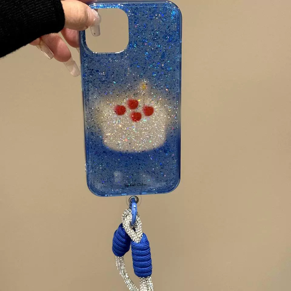 Translucent Cherry Cake Blue Bottom Glitter Shiny Aesthetic Mobile Phone Case with Mobile Phone Chain Pendant Suitable for iPhone16 iPhone15 iPhone14 iPhone13