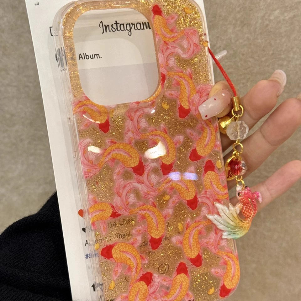 Translucent Koi Goldfish Glitter Lucky Gold Aesthetic Mobile Phone Case with Mobile Phone Chain Pendant Suitable for iPhone16 iPhone15 iPhone14 iPhone13