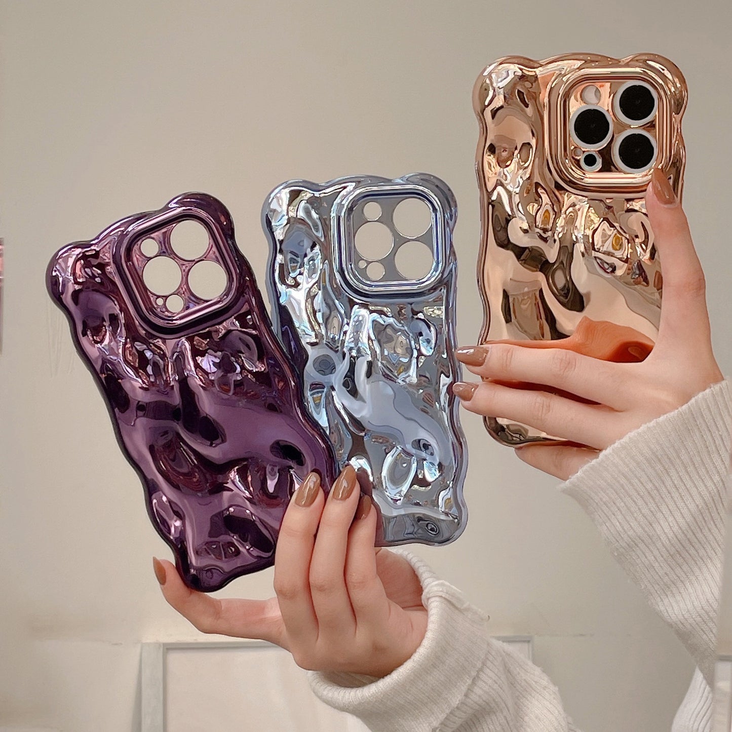 Electroplating Solid Color Concave-convex Wavy Pattern Three-dimensional Aesthetic Mobile Phone Case Suitable for iPhone16 iPhone15 iPhone14 iPhone13