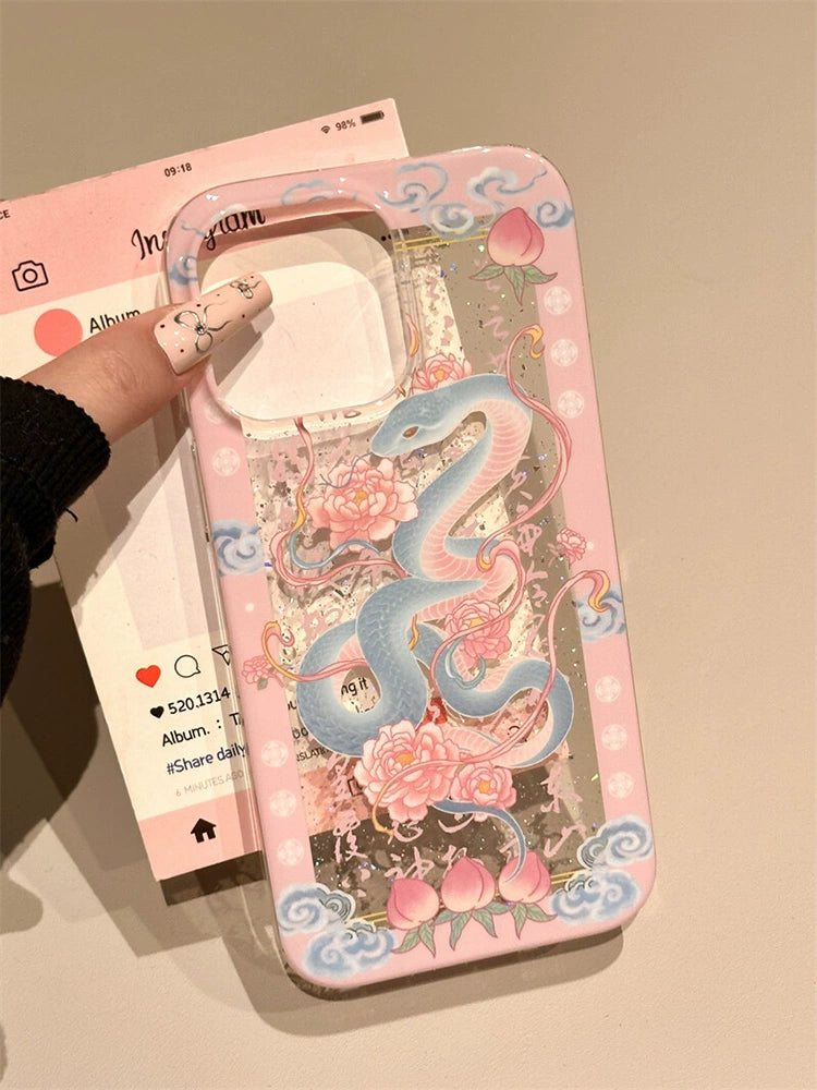 Pink Peach Lotus Snake Lucky Aesthetic Mobile Phone Case with Mobile Phone Chain Pendant Suitable for iPhone16 iPhone15 iPhone14 iPhone13