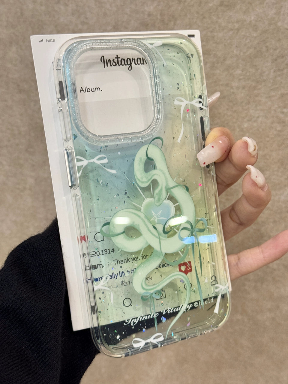 Gradually Change Green Bow Green Snake Transparent Glitter Aesthetic Mobile Phone Case Suitable for iPhone16 iPhone15 iPhone14 iPhone13