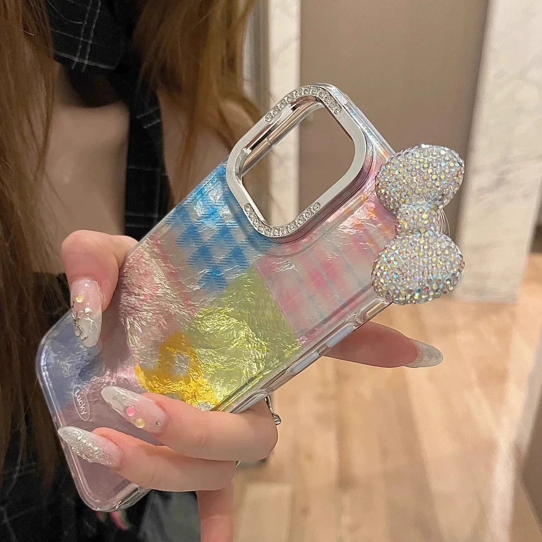 Tin Foil Pattern Splicing Contrasting Color Plaid Three-dimensional Bow Cute Sweet Aesthetic Mobile Phone Case Suitable for iPhone16 iPhone15 iPhone14 iPhone13