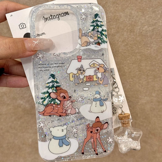 Winter Rabbit and Deer Snowman Snowflake Pine Glitter Aesthetics Cute Mobile Phone Case with Mobile Phone Chain Pendant Suitable for iPhone16 iPhone15 iPhone14 iPhone13