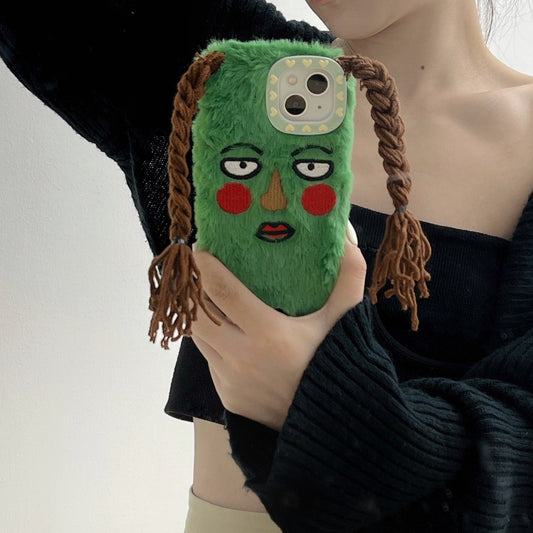 Plush Funny Green Ugly Phone Case with Braids Suitable for iPhone16 iPhone15 iPhone14 iPhone13