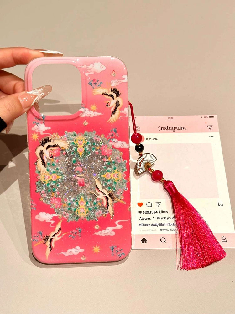 Chinese Style Red Background Auspicious Cloud Gourd Crane Translucent Aesthetic Mobile Phone Case with Fringed Mobile Phone Chain Suitable for iPhone16 iPhone15 iPhone14 iPhone13