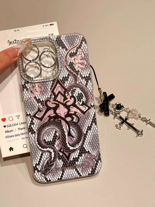 Rhombus Cross, Black and White Snake with Diamond Frame, Black and Pink Aesthetic Mobile Phone Case with Mobile Phone Chain Pendant Coquette Suitable for iPhone16 iPhone15 iPhone14 iPhone13