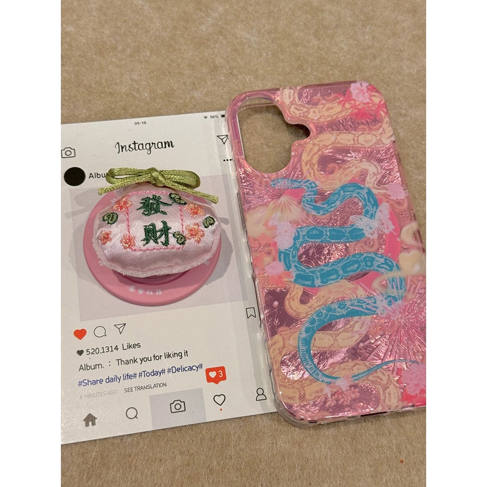 Pink and Blue Snake Get Rich Aesthetic Mobile Phone Case, Suitable for iPhone16promax iPhone15pro iPhone14 iPhone13 Protective Case, Double-layer Magnetic Lucky Bag Bracket, Chinese Style