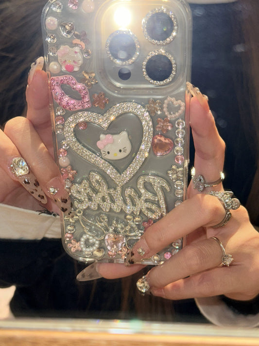 Premium Sense Silver Pink Three-dimensional Colored Diamond Love Cat Cat Epoxy Aesthetic Mobile Phone Case Y2K Suitable for iPhone16 iPhone15 iPhone14 iPhone13