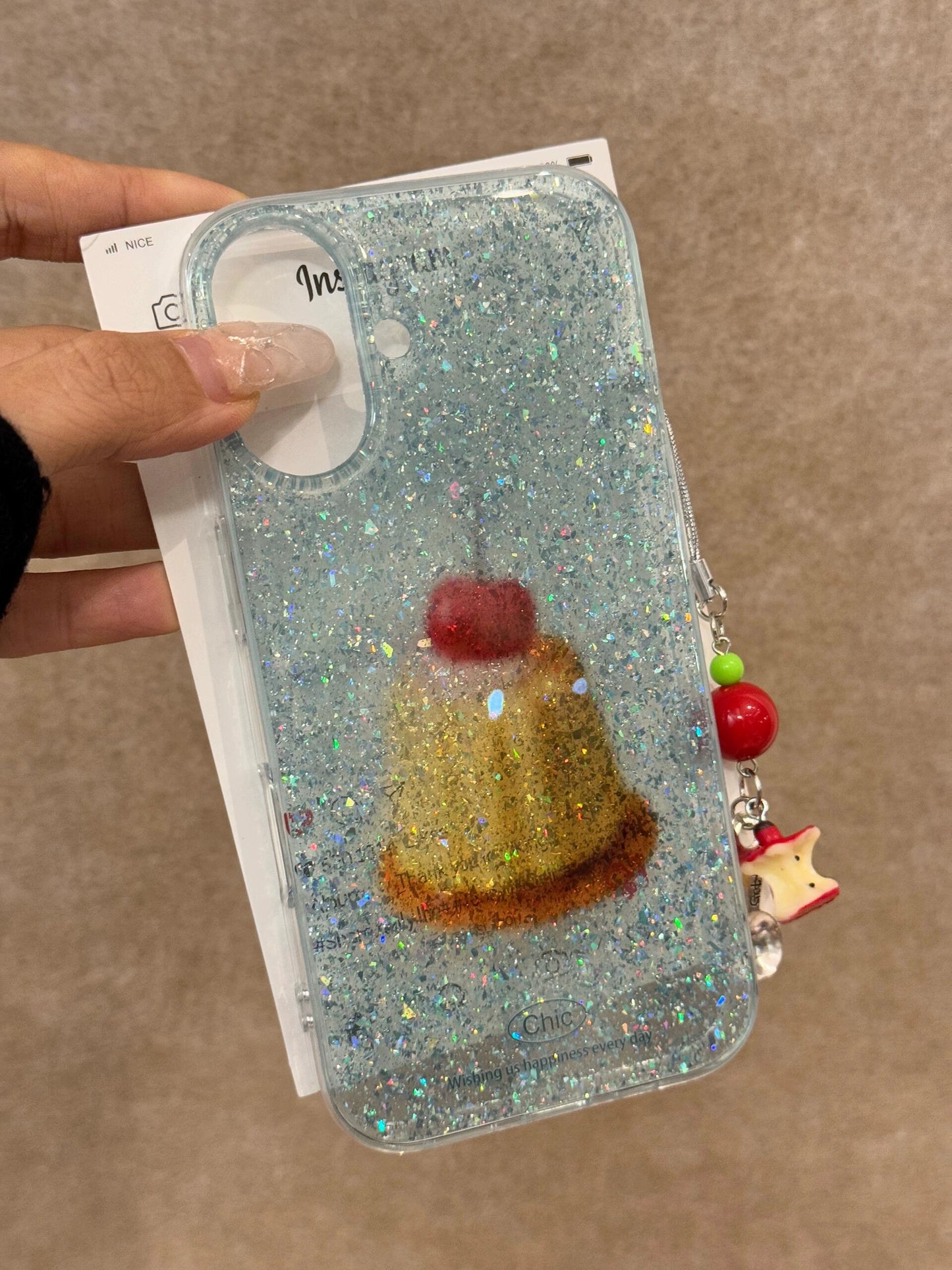 Glitter Mint Green Cherry Pudding Double Cute Aesthetic Mobile Phone Case with Phone Chain Pendant Suitable for Girls Mobile Phone Case Suitable for iPhone16 iPhone15 iPhone14 iPhone13