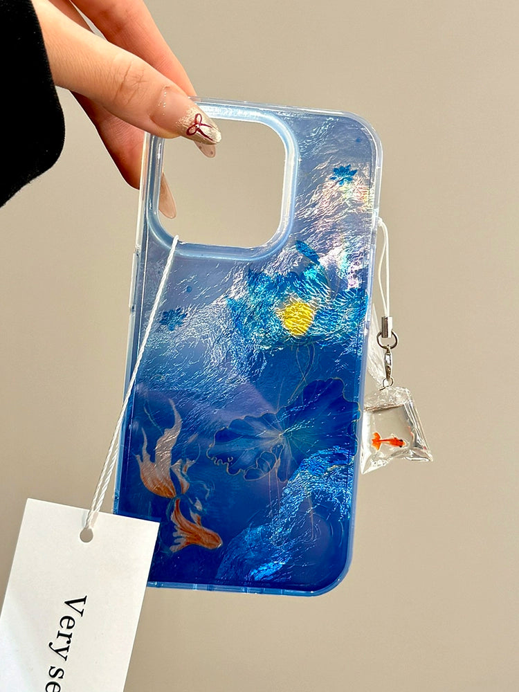 Lotus Koi Water Bag Goldfish Blue Smudge Aesthetic Mobile Phone Case with Mobile Phone Chain Pendant Suitable for iPhone16 iPhone15 iPhone14 iPhone13