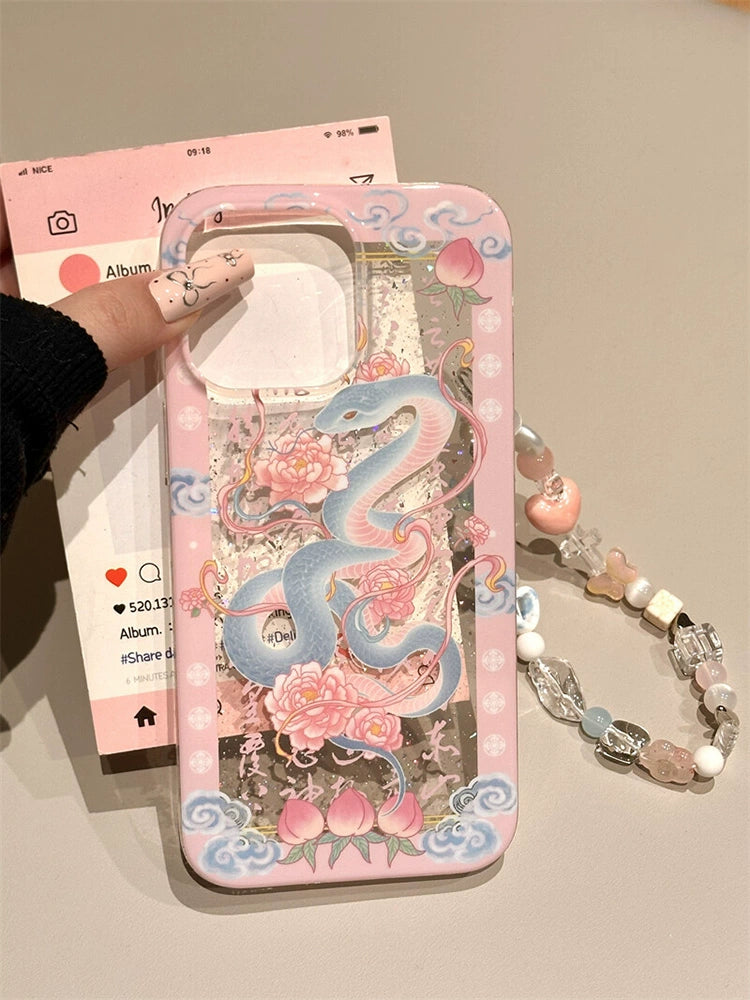 Pink Peach Lotus Snake Lucky Aesthetic Mobile Phone Case with Mobile Phone Chain Pendant Suitable for iPhone16 iPhone15 iPhone14 iPhone13