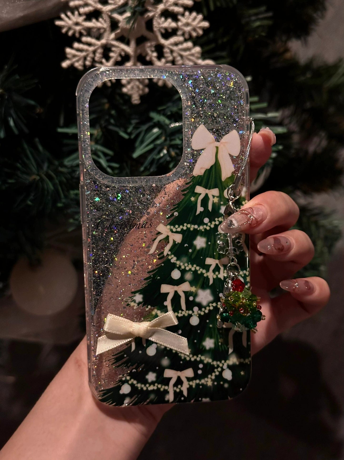 Glitter Bow Christmas Tree Aesthetic Phone Case Suitable for iPhone16 iPhone15 iPhone14 iPhone13