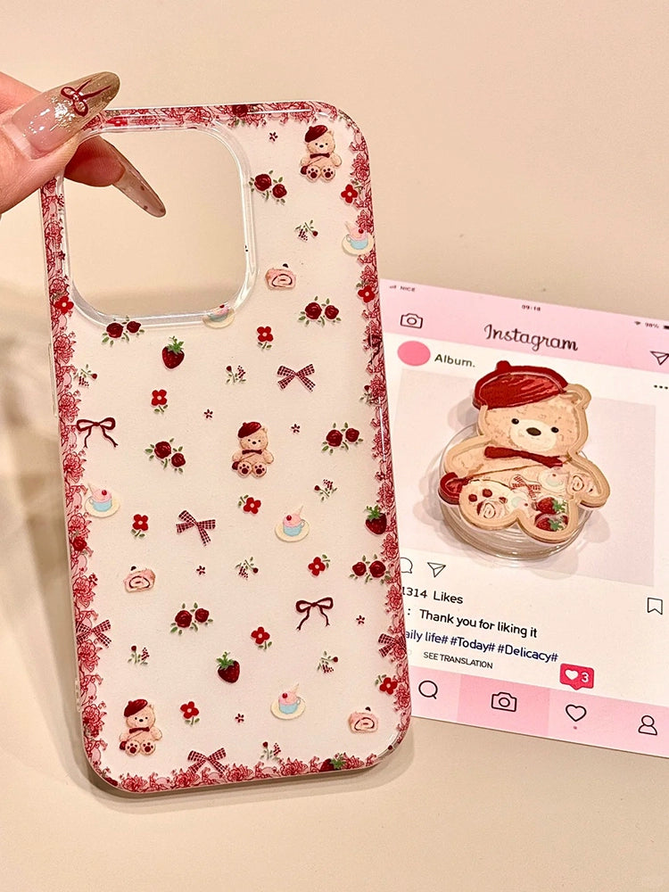 Girl Circumference Flower Strawberry Bear Holder Cute Aesthetic Phone Case Suitable for iPhone16 iPhone15 iPhone14 iPhone13