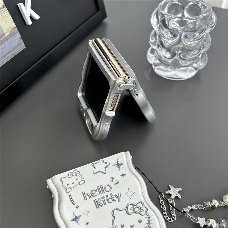 Silver Cat Folding Screen Mobile Phone Case Metal Silver Cute Cartoon Chain Female, Suitable for Samsung Galaxy ZFlip3/4/5