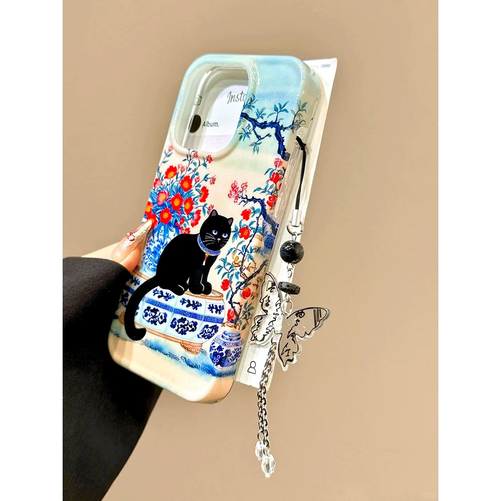 Blue and White Porcelain Red Flower Black Cat Lucky Aesthetic Mobile Phone Case with Mobile Phone Chain Pendant Suitable for iPhone16 iPhone15 iPhone14 iPhone13