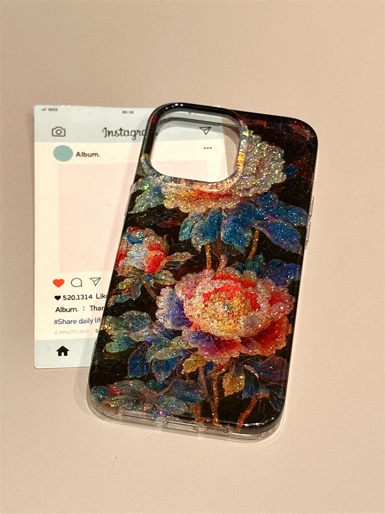 Glitter Color Flowers Illustration Retro Aesthetic Phone Case Suitable for iPhone16 iPhone15 iPhone14 iPhone13