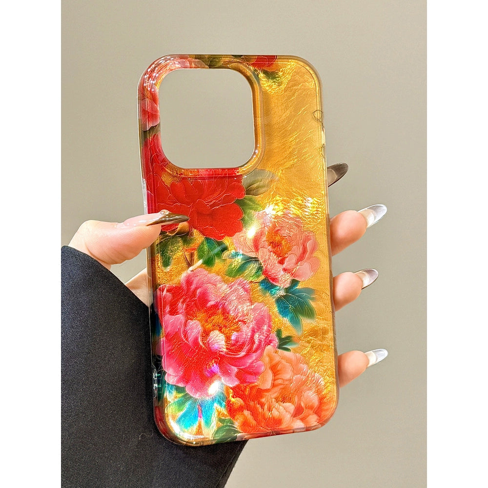 Retro Oil Painting Green Leaves Red Pink Flowers Aesthetic Mobile Phone Case Suitable for iPhone16 iPhone15 iPhone14 iPhone13