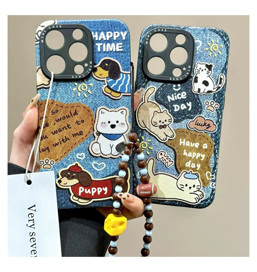 Retro Denim Blue Cat Dog Bracelet Cute Phone Case with Phone Chain Pendant Suitable for iPhone16 iPhone15 iPhone14 iPhone13