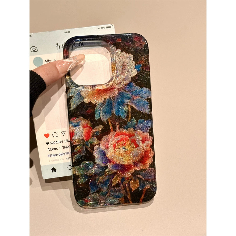 Glitter Color Flowers Illustration Retro Aesthetic Phone Case Suitable for iPhone16 iPhone15 iPhone14 iPhone13