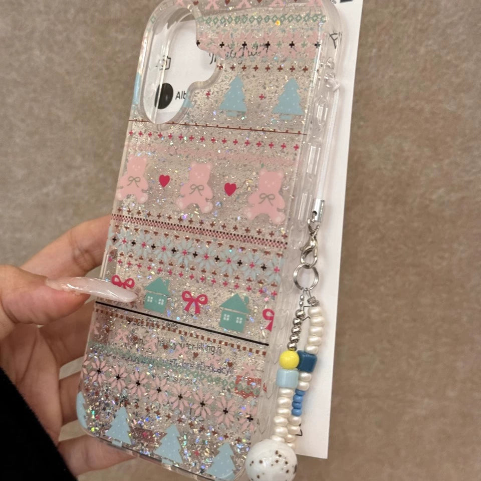 Love Christmas Tree Bow Bear Small House Shiny Aesthetic Mobile Phone Case with Mobile Phone Chain Pendant Suitable for iPhone16 iPhone15 iPhone14 iPhone13