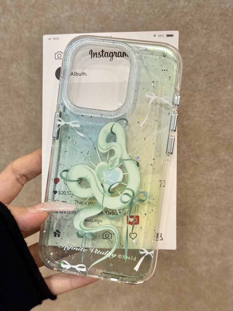 Gradually Change Green Bow Green Snake Transparent Glitter Aesthetic Mobile Phone Case Suitable for iPhone16 iPhone15 iPhone14 iPhone13