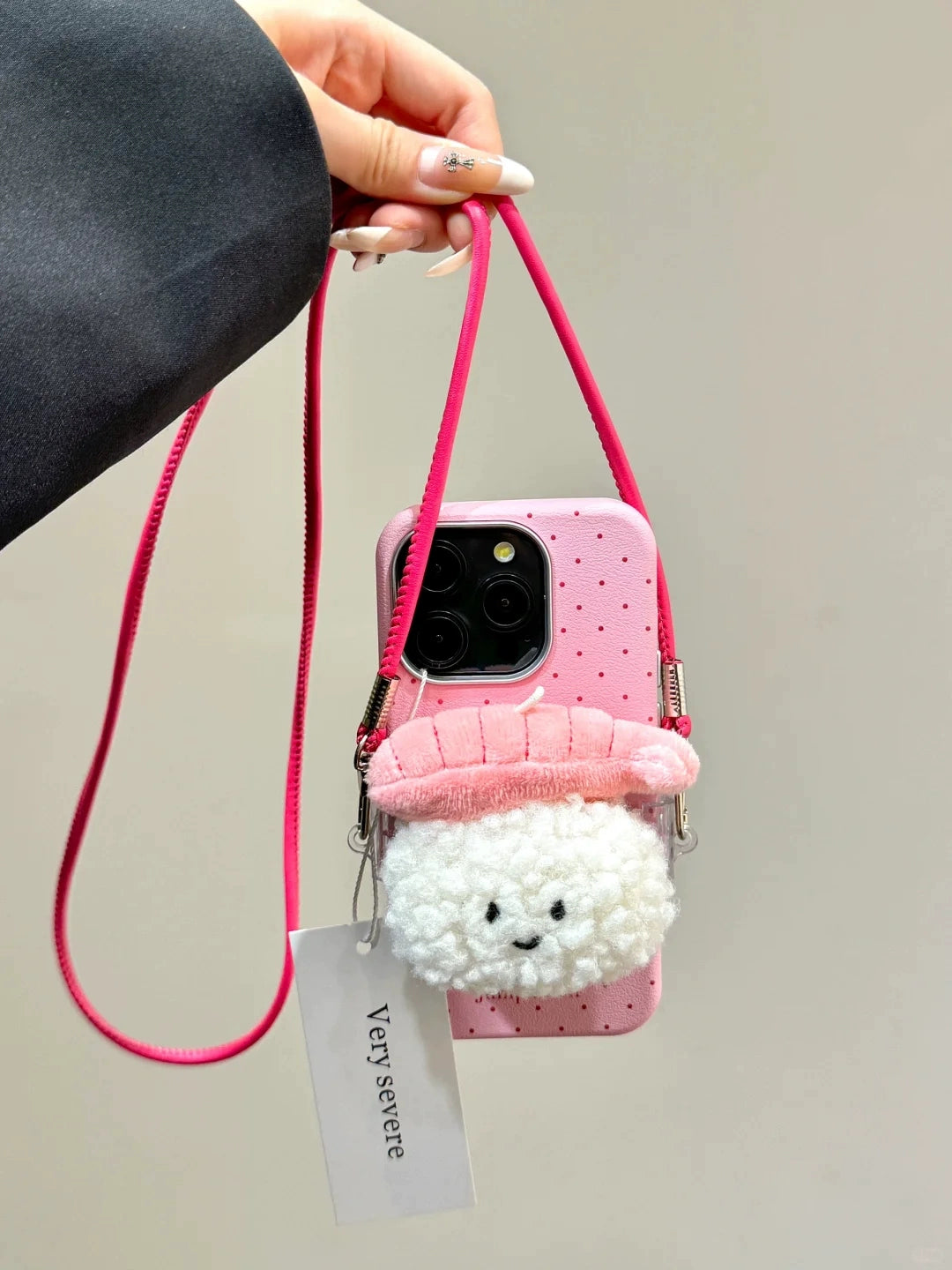 Girl Pink Sweet Shrimp Sushi Back Clip Mobile Phone Case with Diagonal Span Mobile Phone Rope Suitable for iPhone16 iPhone15 iPhone14 iPhone13