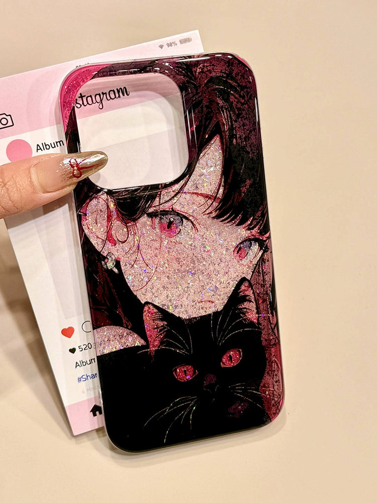 Sequin Double Layer Black Pussy Girl Cute Aesthetic Phone Case Suitable for iPhone16 iPhone15 iPhone14 iPhone13