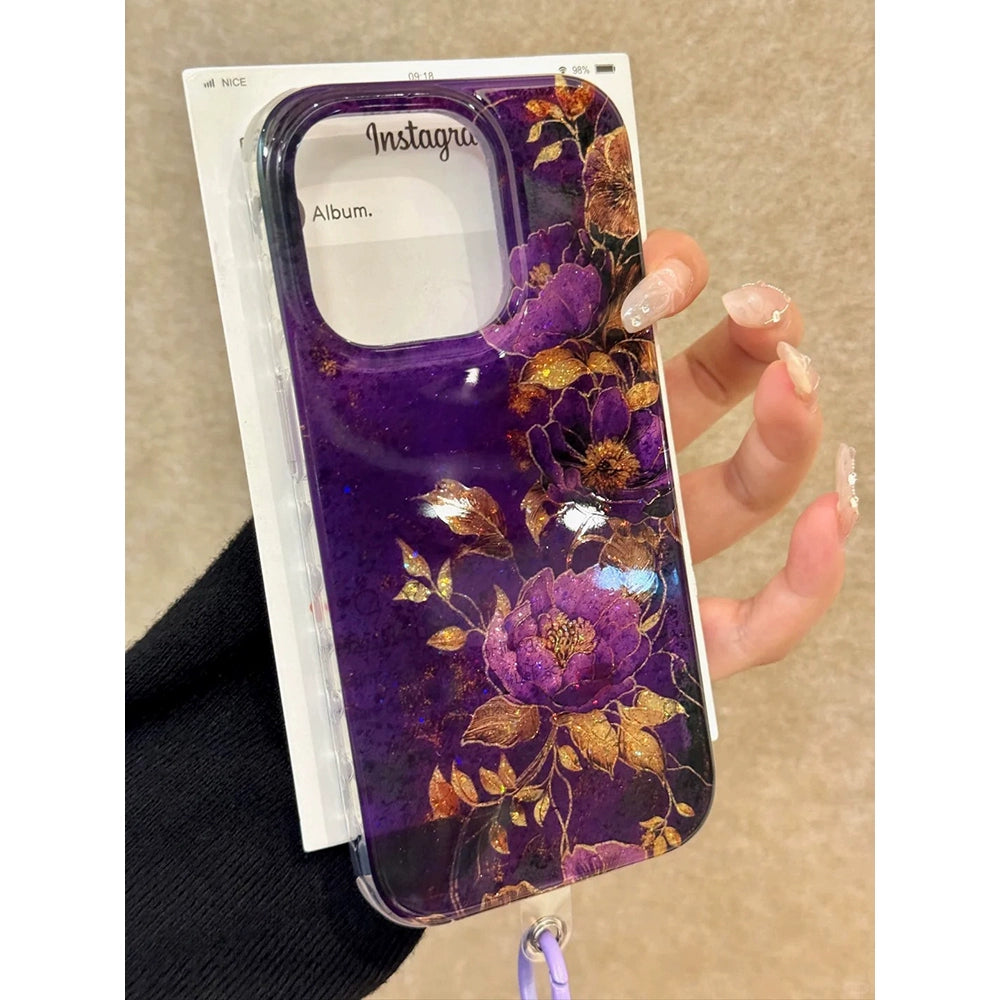 Transparent Purple Golden Peony Purple Bead Chain Aesthetic Mobile Phone Case with Mobile Phone Chain Pendant Suitable for iPhone16 iPhone15 iPhone14 iPhone13