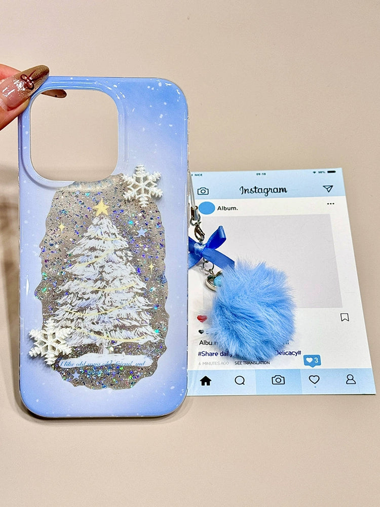 Sequin Glitter Christmas Tree Three-dimensional Snowflake Hairball Mobile Phone Case with Mobile Phone Chain Pendant Suitable for iPhone16 iPhone15 iPhone14 iPhone13