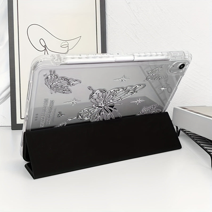 Transparent Silver Butterfly Triple Fold Stand Tablet Case IPad Pro11 2024/10th/10.2/10 9/9.7