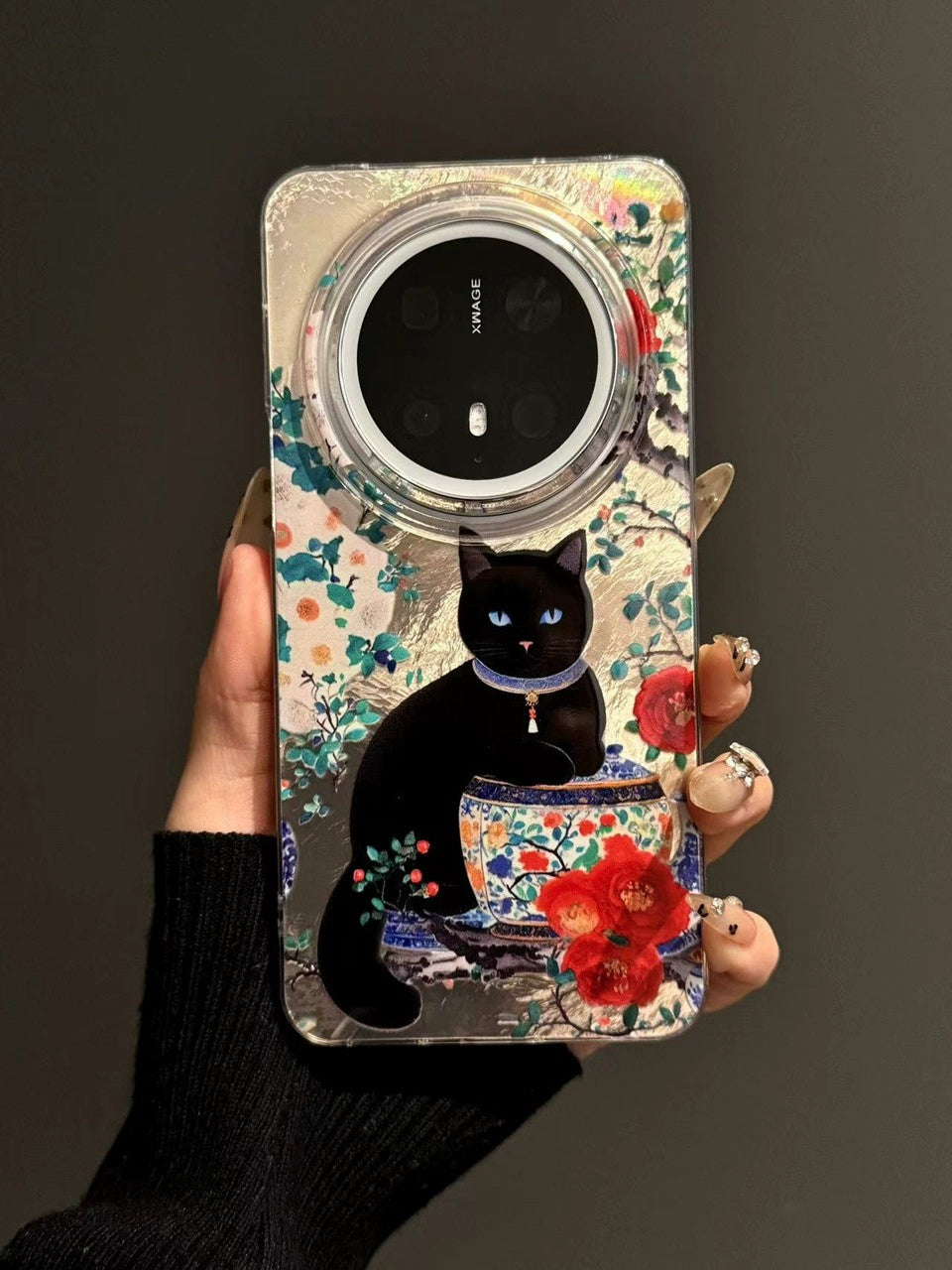 Chinese Style Creative Red Peony Porcelain Black Cat Lucky Aesthetic Mobile Phone Case, Huawei Mate70pro New Pura70 Anti-drop Mate60