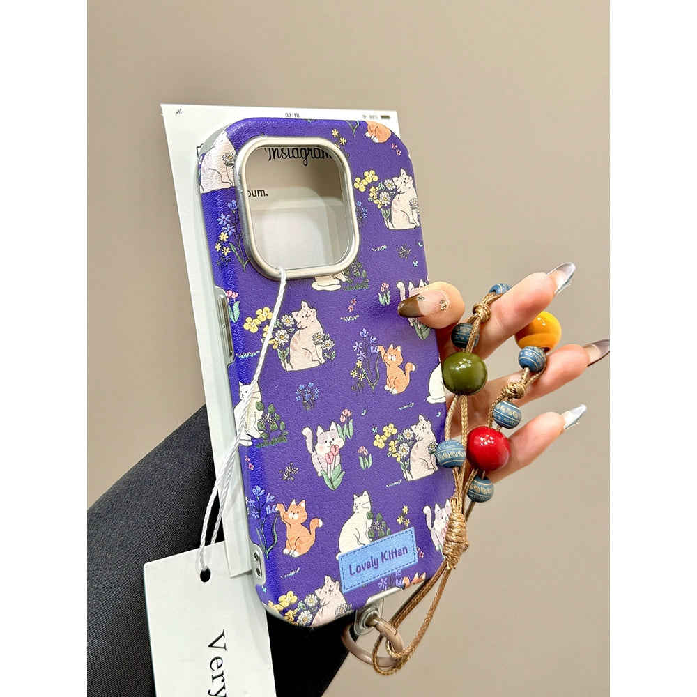 Cute Full Screen Flower Cat Blue Aesthetic Mobile Phone Case with Mobile Phone Chain Pendant Hand Rope Suitable for iPhone16 iPhone15 iPhone14 iPhone13