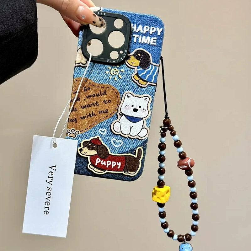 Retro Denim Blue Cat Dog Bracelet Cute Phone Case with Phone Chain Pendant Suitable for iPhone16 iPhone15 iPhone14 iPhone13