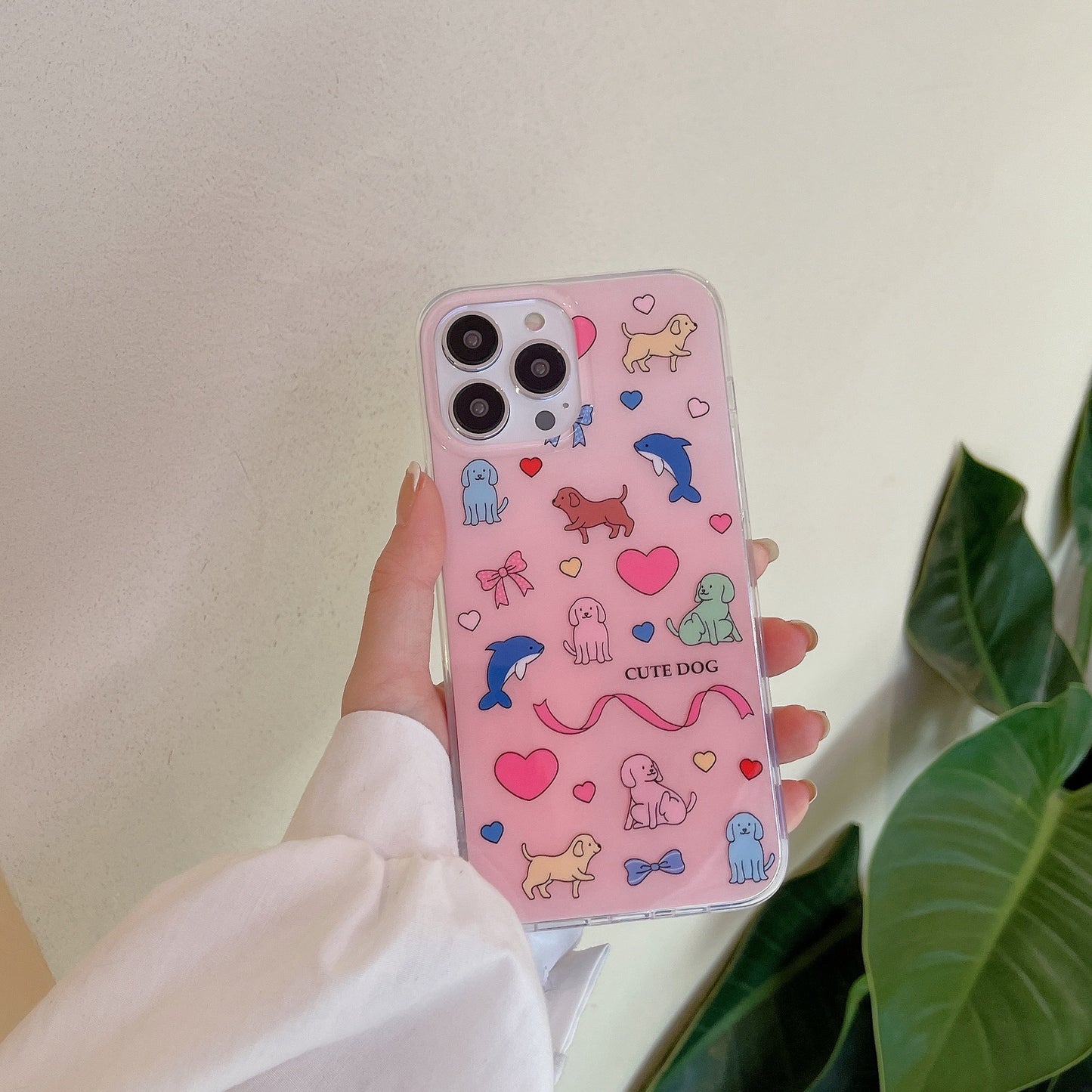 Double-layer Printing Graffiti Pink Cute Animal Puppy Dolphin Love Aesthetics Phone Case Suitable for iPhone16 iPhone15 iPhone14 iPhone13