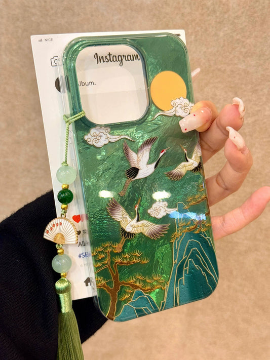 Chinese Style Alpine Auspicious Cloud Crane Green Aesthetic Mobile Phone Case Suitable for iPhone16 iPhone15 iPhone14 iPhone13