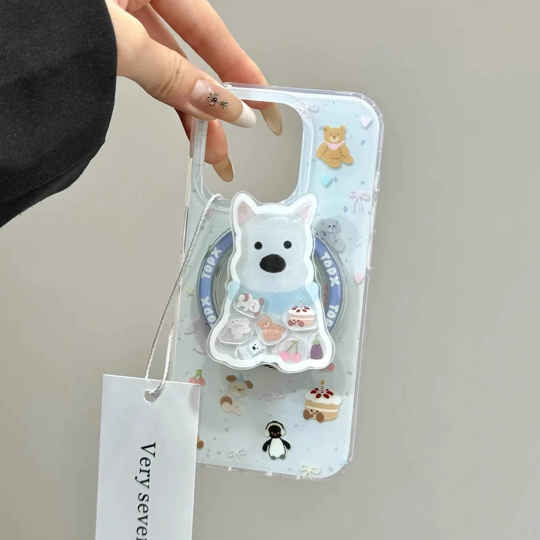 Cute Little Animal Dog Movable Magnetic Holder Mobile Phone Case Suitable for iPhone16 iPhone15 iPhone14 iPhone13