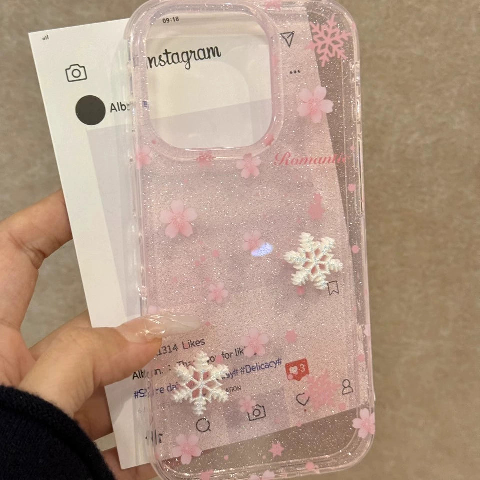 Beautiful Translucent Pink Glitter Snowflake Cherry Blossom Dream Aesthetic Mobile Phone Case Suitable for iPhone16 iPhone15 iPhone14 iPhone13