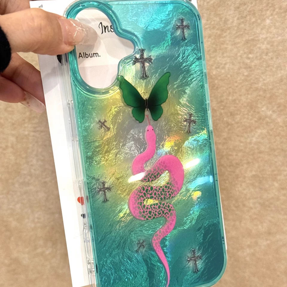 Pink Snake Green Butterfly Cross Aesthetic Mobile Phone Case, Tinfoil Pattern Mobile Phone Case, with Mobile Phone Chain, Suitable for iPhone16promax iPhone15 iPhone14 iPhone13