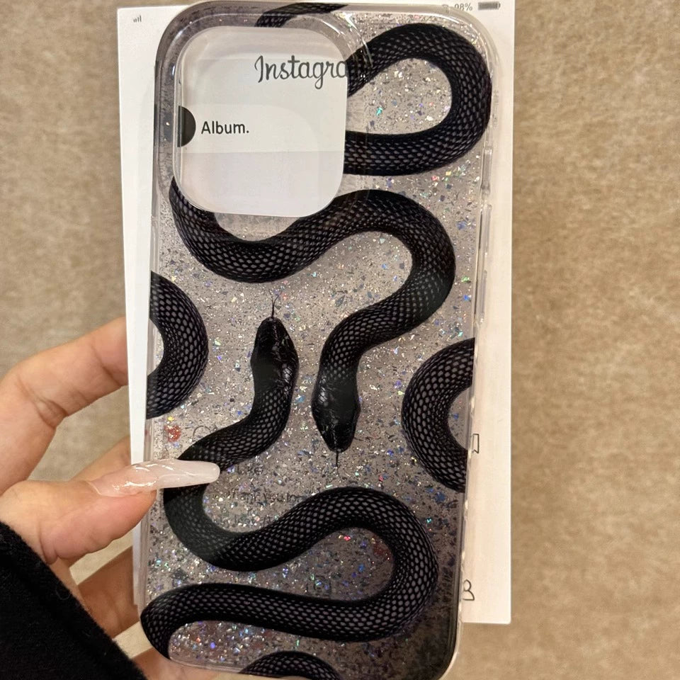 Small Black Snake Glitter Translucent Aesthetic Mobile Phone Case Suitable for iPhone16 iPhone15 iPhone14 iPhone13