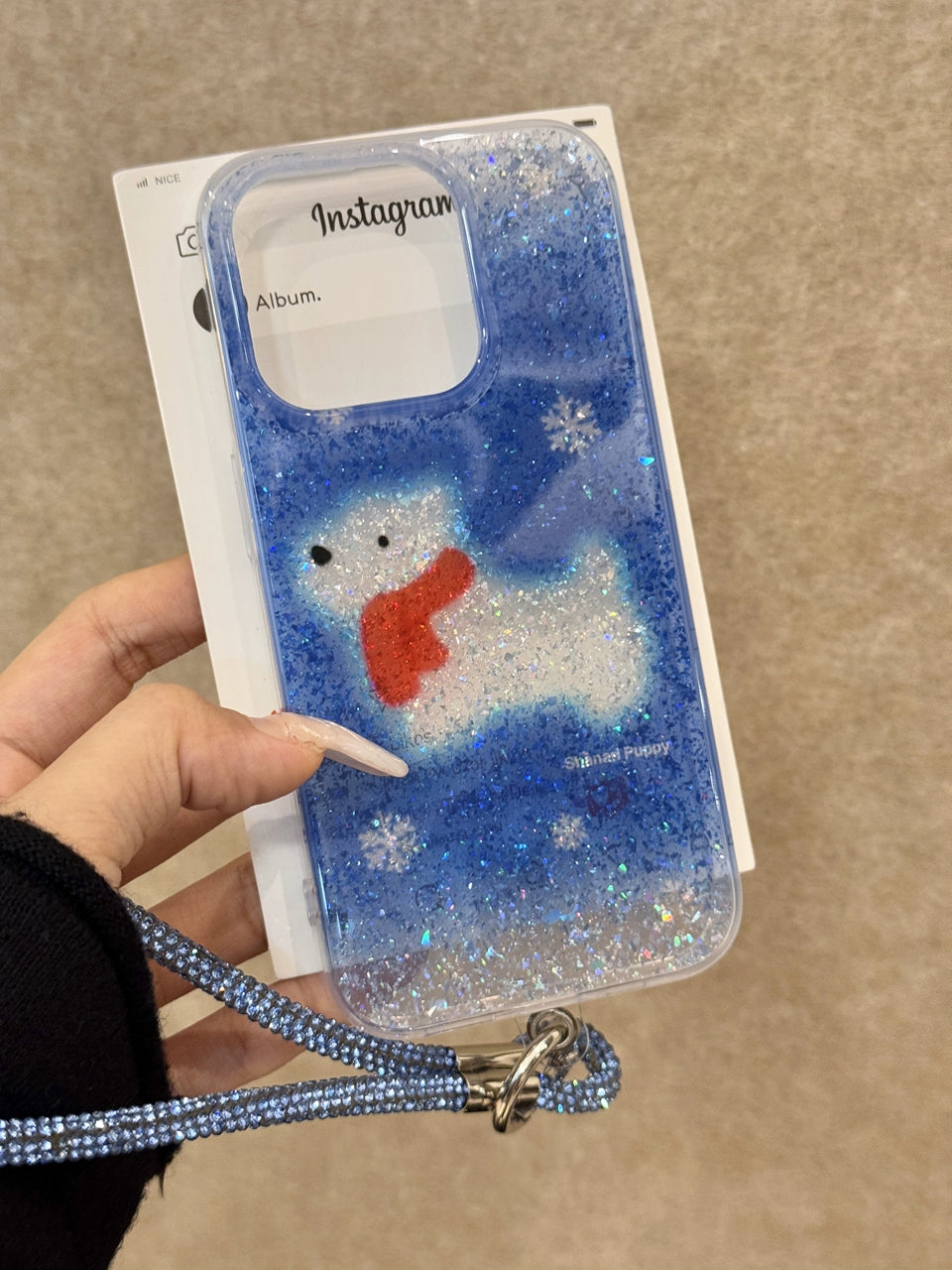 Translucent Blue Glitter Scarf  Little White Dog Cute Phone Case with Phone Chain Suitable for iPhone16 iPhone15 iPhone14 iPhone13