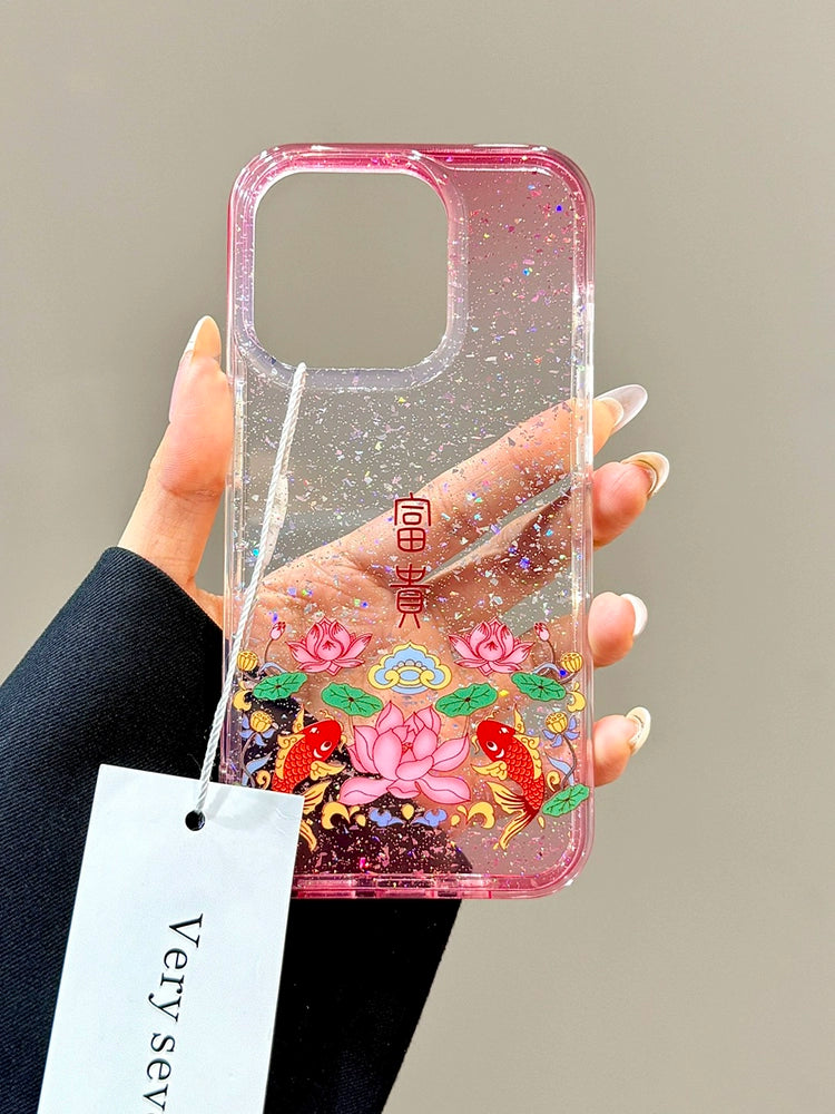 Sequined Double-layer Rich Lotus Koi Transparent Mobile Phone Case Suitable for iPhone16 iPhone15 iPhone14 iPhone13